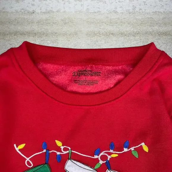 Vintage Y2K Christmas Sweatshirt Womens L Stockings Red Cotton Grandma Style - Picture 3 of 3